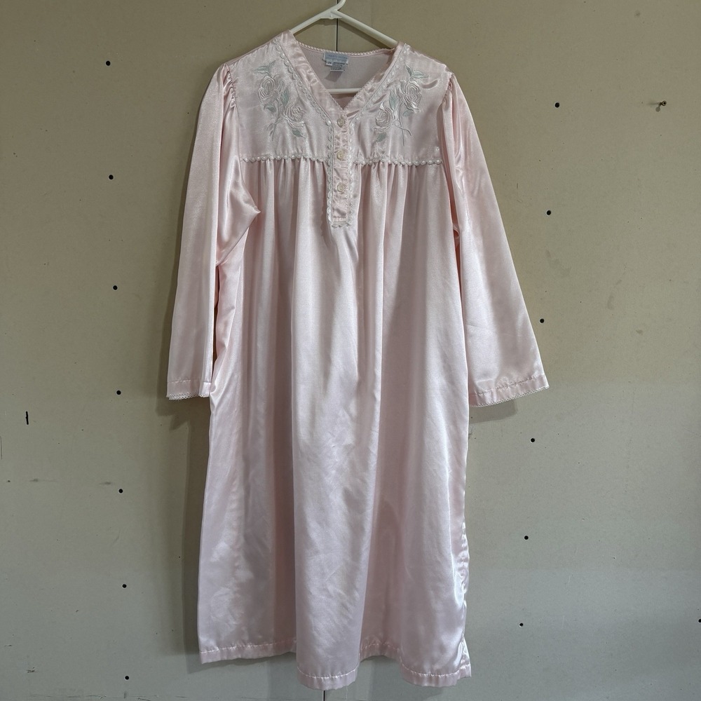 VTG Heavenly Bodies Pink Satin Nightgown 2X Y2K Coquette Embroidered Rose